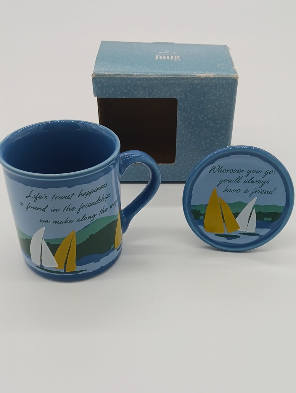 Hallmark Vintage Mug Mates Blue Sailboat Coaster Mug With Friendship Quote 1985